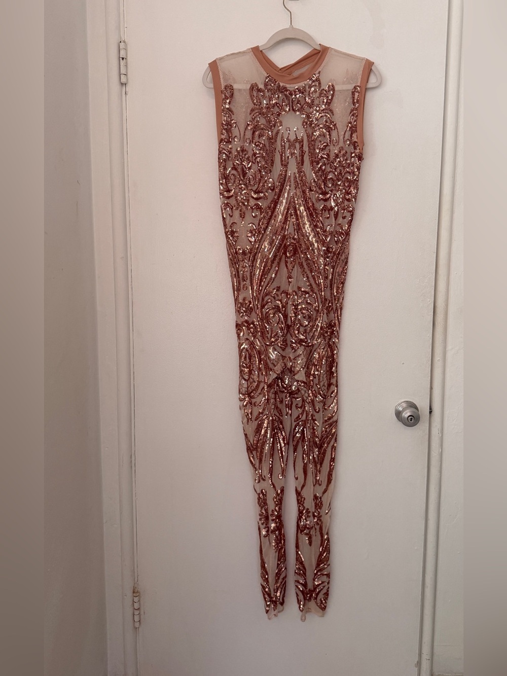 Handmade Sequin Embellished Rose Gold Jumpsuit and matching mask